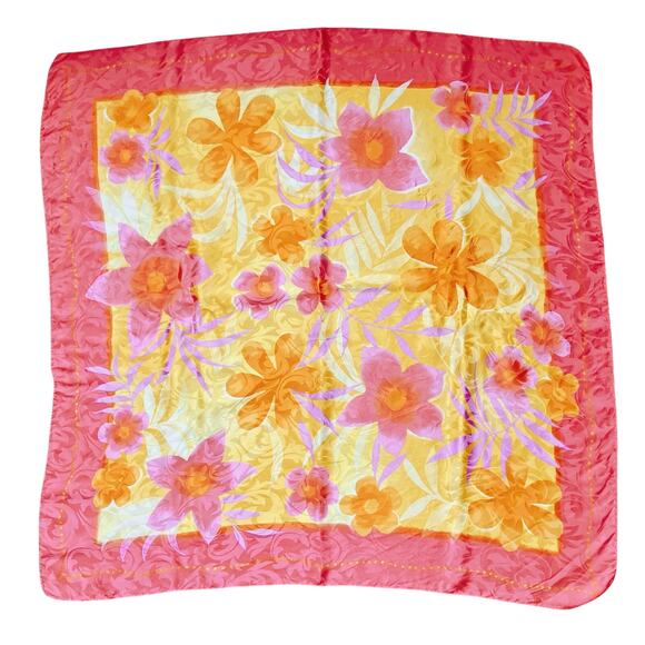 VTG 100% Pure Silk Reine Seide Scarf Tropical Floral Jacquard Pink Orange Square - Picture 4 of 10